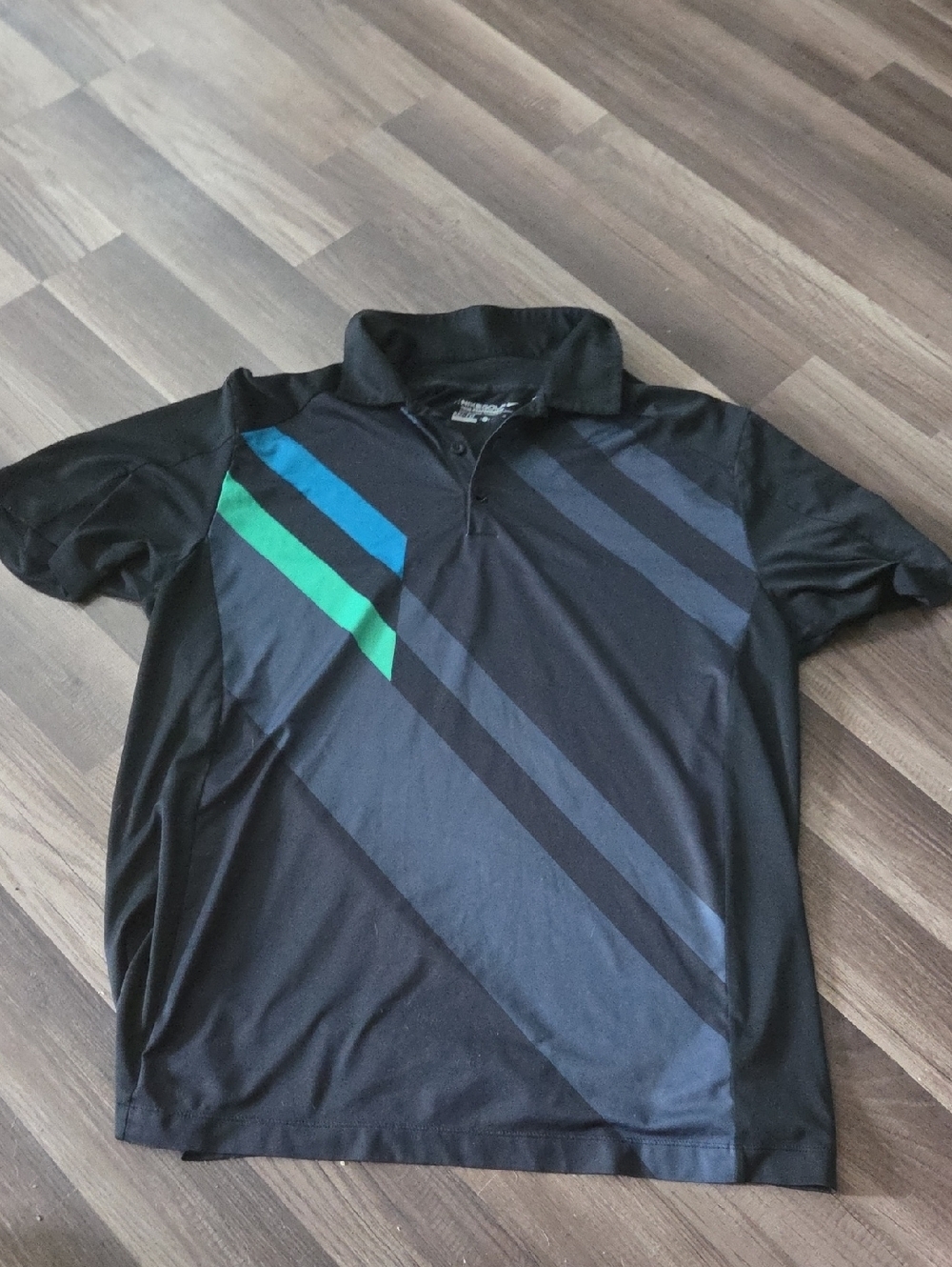 Nike Black Polo Shirt with Blue and Green Diagonal Stripes